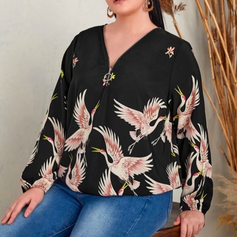 EMERY ROSE Plus Crane Print Half Zipper
Blouse, Sizes 14(1XL) and 16(2XL), NWOT - Picture 5 of 6